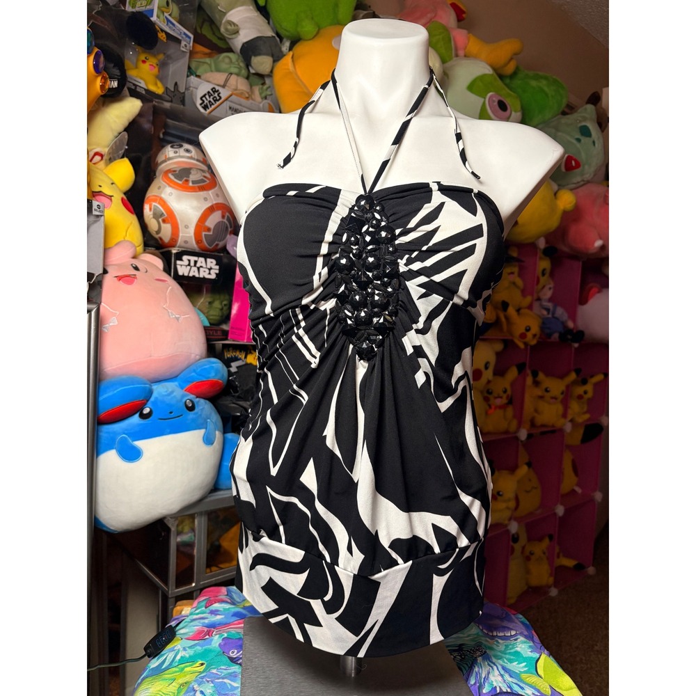 Y2K Vintage Cache XS Black White Abstract Halter Top Beaded Ruched #5